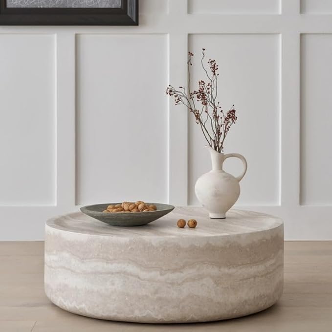 Marble Coffee Table, Modern Round Coffee Table, Circle Drum Coffee Tables, Fiberglass Center End Table for Living Room Apartment Office, No Assembly (35.43" Faux Marble)
