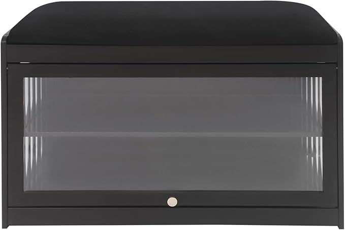 Eapmic Shoe Storage Bench, Entryway Shoe Rack Bench with Padded Seat Cushion, 2-Tier Shoe Cabinet, Bamboo Shoe Organizer for Hallway Bedroom Living Room Front Door (Black, 27.56 * 12.6 * 16.53in)
