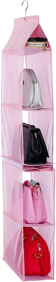 Detachable 4 Compartment Organizer Pouch Hanging Handbag Organizer Clear Purse Bag Collection Storage Holder Wardrobe Closet Space Saving Organizers System for Living Room Home Use (Pink)-NeatNest