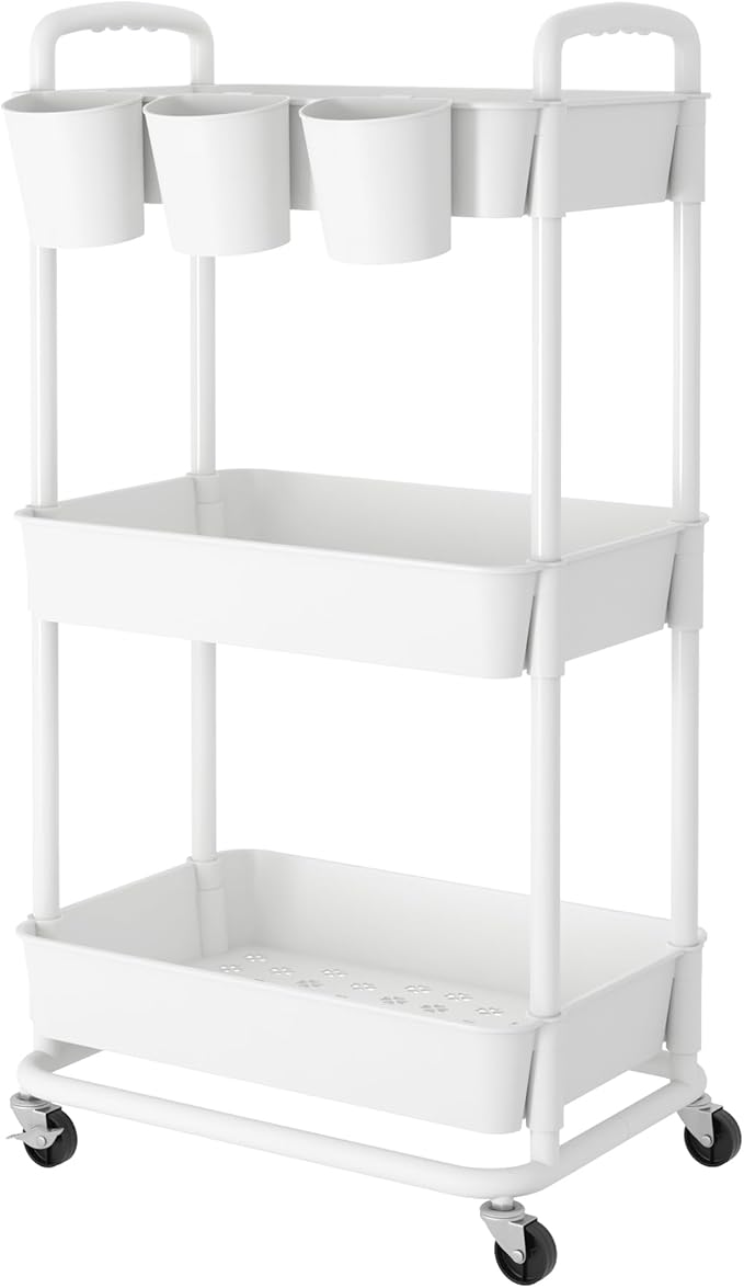 JIUYOTREE 3-Tier Plastic Rolling Storage Cart Utility Cart with Extra Hanging Cups Handles Lockable Wheels for Living Room Bathroom Kitchen Office White-NeatNest