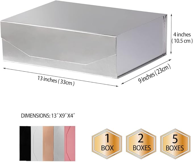 2 Silver Large Gift Box with Lid 13x9x4 Inches, Bridesmaid Proposal Box, Groomsman Box Reusable Gift Box for Clothes (Glossy Silver),1 Count (Pack of 2)-NeatNest