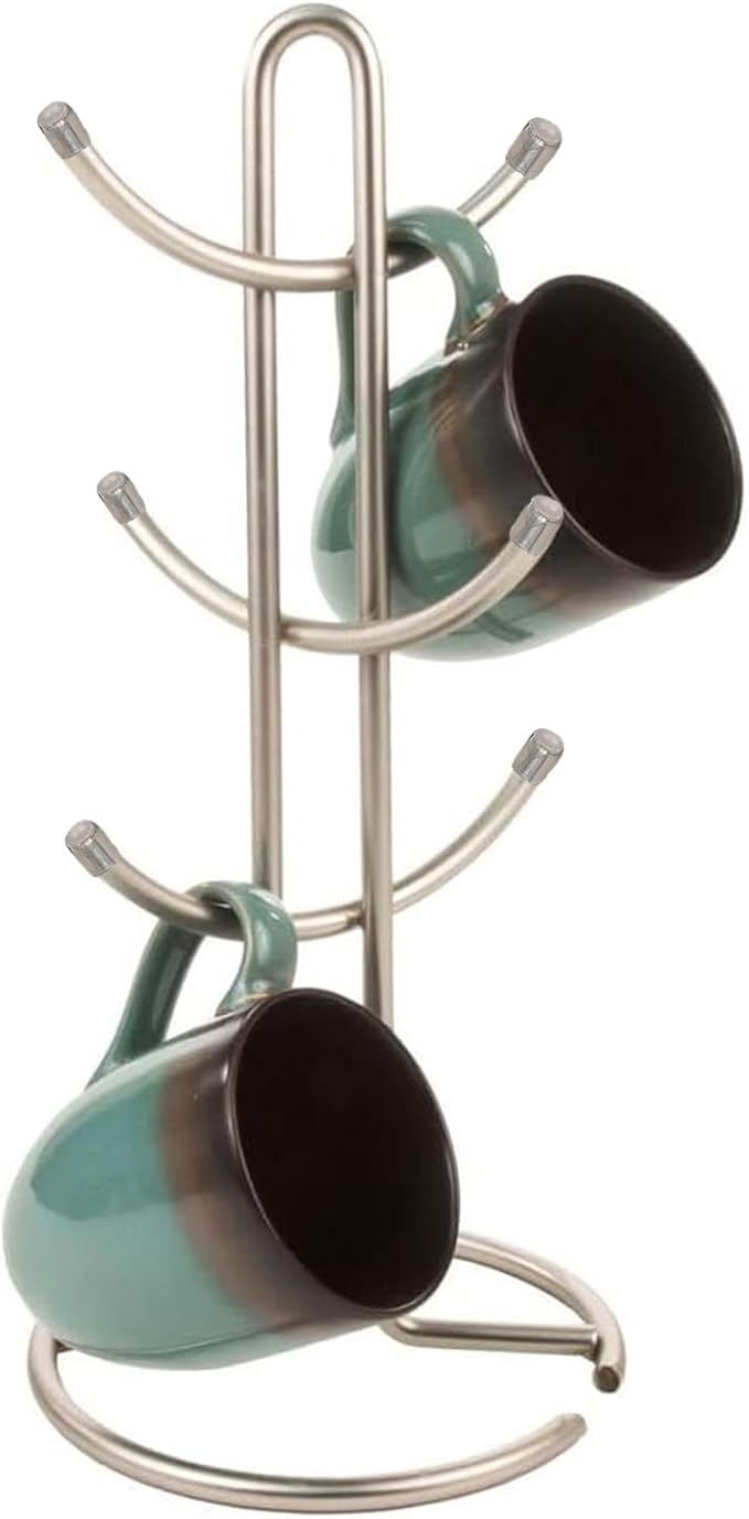 FitWell Mugs Holder, Mug Tree, Coffee Mug Holder, Coffee Mug Tree, Mug Organizer for Cabinet, Mug Holder Stand, Coffee & Tea Cup Storage Rack (Satin Nickel, 6 Mugs (15"H))-NeatNest