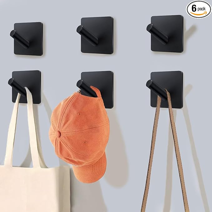Adhesive Towel Hooks 6 Pack, Bath Towel Hooks, Adhesive Wall Hooks for Bathroom Coat Robe Kitchen, Stainless Steel self-Adhesive Hooks, Black