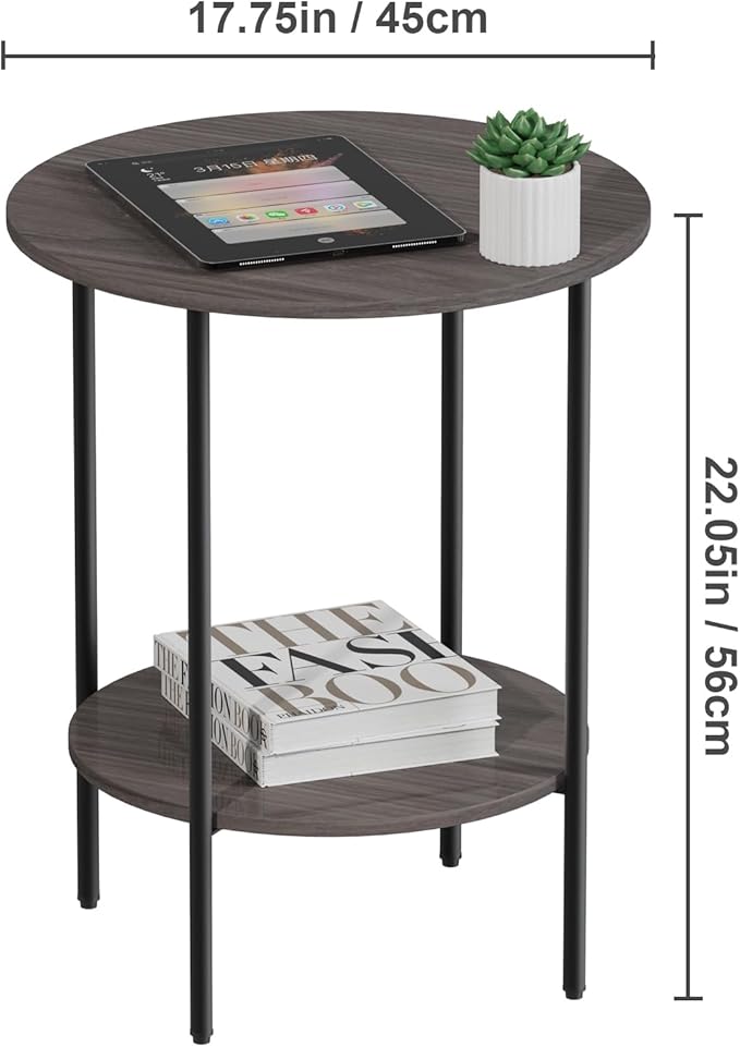 Side Table,Round End Table with 2 Storage Shelves| Compact Side Tables for Living Room, Couch, Office & Bedroom | Narrow Accent Table as Space-Saving Small Bedside Table 18x18x22in (Grey)