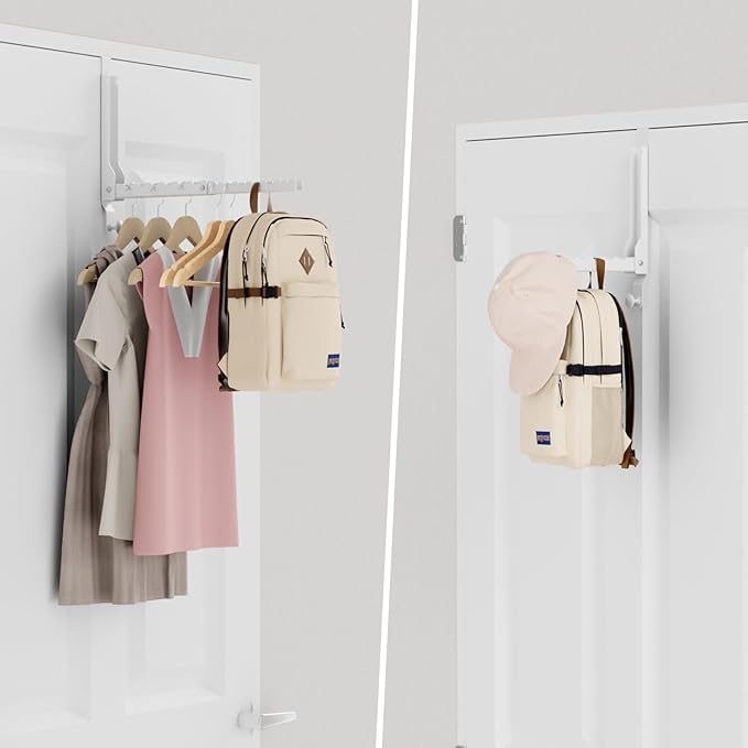Over The Door Hangers, Over Door Hooks for Hanging, Small Space Dual Folding Portable Extra Long Over Door Clothes Hanger for Clothes, Hats, Bags and Towels (1Pack,White(Update))