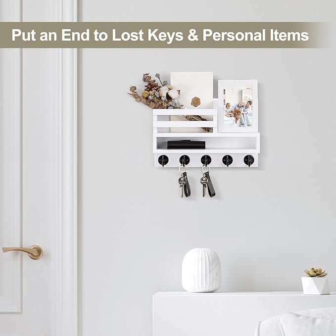 Key and Mail Holder Wall Mount, Key Hanger with Long Storage Box and 5 Hooks for Coat, Dog Leash, Home Decor Rack, House Accessories, Entry Way Organizer 11.8”W x 7.8”H x 3.2”D