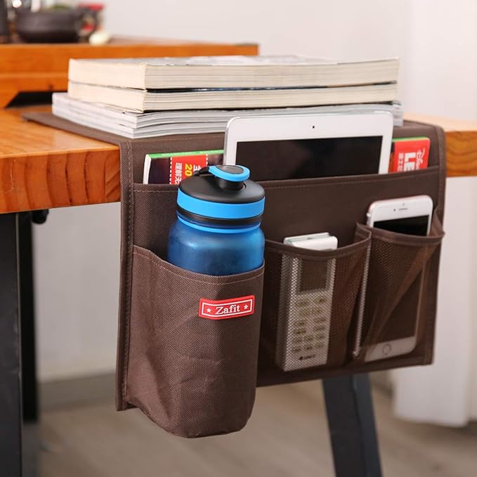 Bedside Storage Organizer - Table Cabinet Organizer Caddy for Remotes, Phone, Glasses (4 Pockets - Coffee)-NeatNest