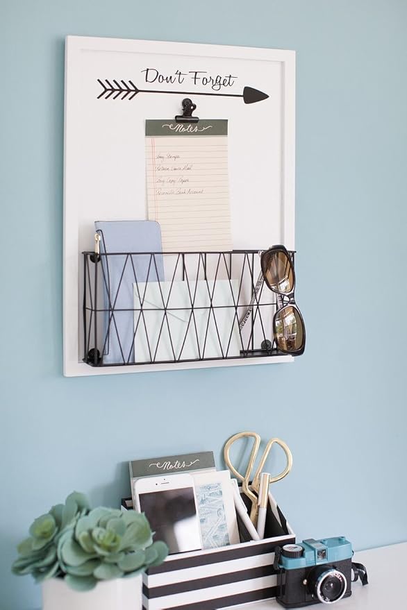 BLU MONACO Rustic Farmhouse Wall-Mounted Mail Holder – White Wooden with Iron Black Metal Basket & Note Clip – for Office, Kitchen, Entryway Storage-NeatNest