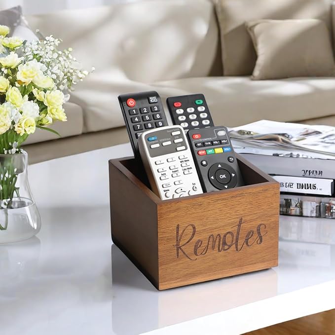 Acacia Wood Remote Control Holder Caddy, TV Organizer for Table, Vintage Farmhouse Desk Caddy (Brown for 3+ Controls)-NeatNest