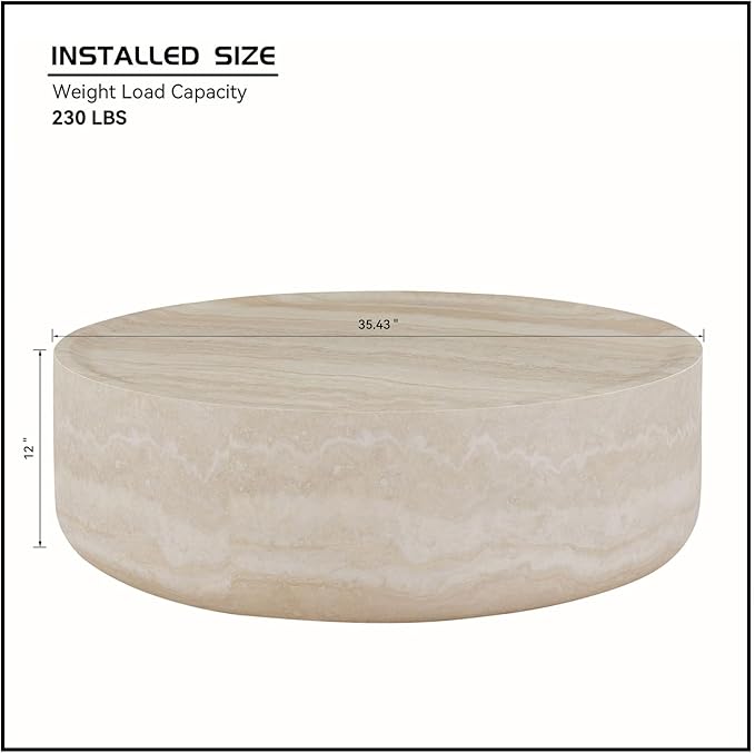 Faux Marble Coffee Table, Modern Round Coffee Table for Living Room, Circle Drum Coffee Side Tables, Fiberglass Center End Table for Small Place Apartment Office (35.43" Marble)