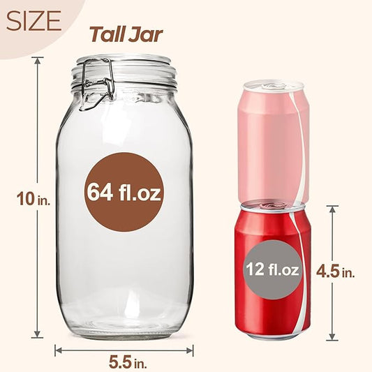 ComSaf Large Glass Jars with Lid 64 oz, Large Mason Jars Set of 3, Glass Canisters with Airtight Lids, Half Gallon Canning Jar with Seal Wire Clip Fastening for Kitchen, Pickle, Flour, Sugar, Cereal-NeatNest