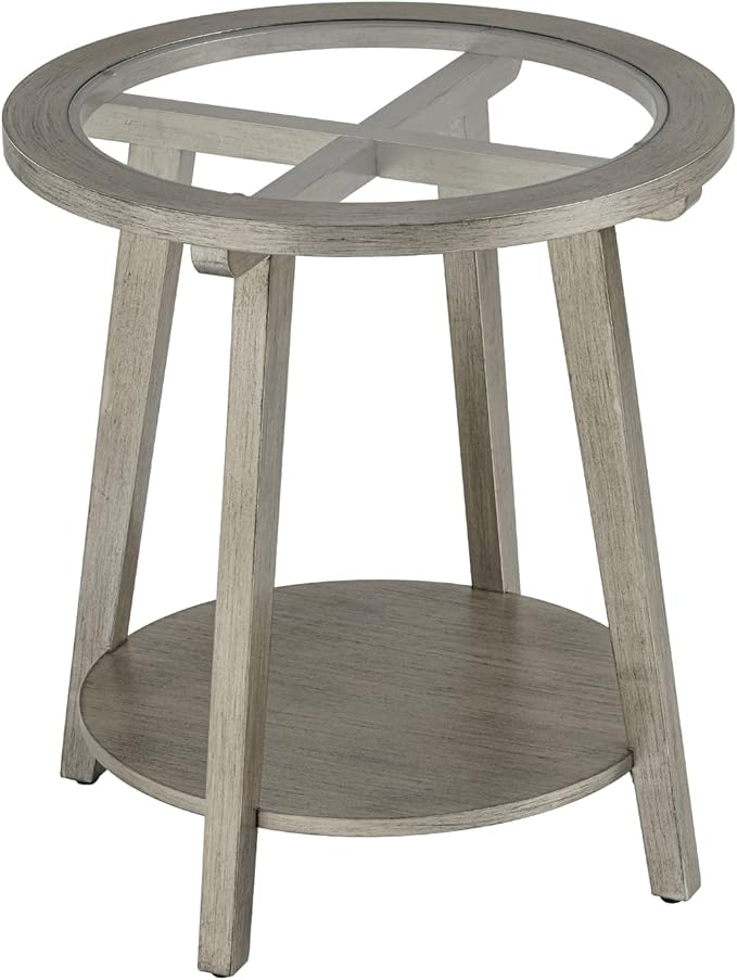 COSIEST 2-Tier End Table with Tempered Glass Top, Round MDF Side Table with Storage Shelf, Modern Wood Accent Table for Bedroom Living Room Home Office, Antique Silver-NeatNest