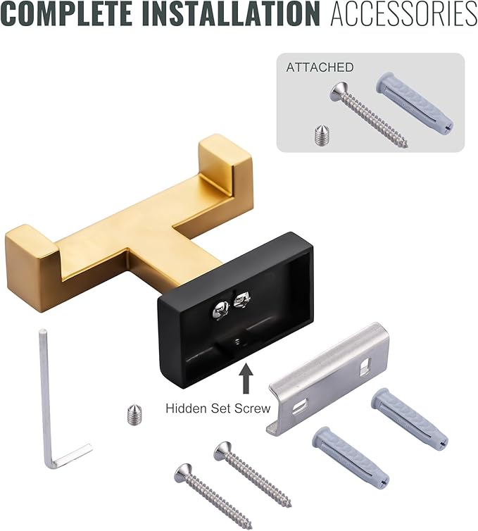 Double Bathroom Towel Hook - Modern Gold & Black Tower Holder - Heavy Duty Robe Hooks for Wall - Stainless Steel Shower Towel Hanger