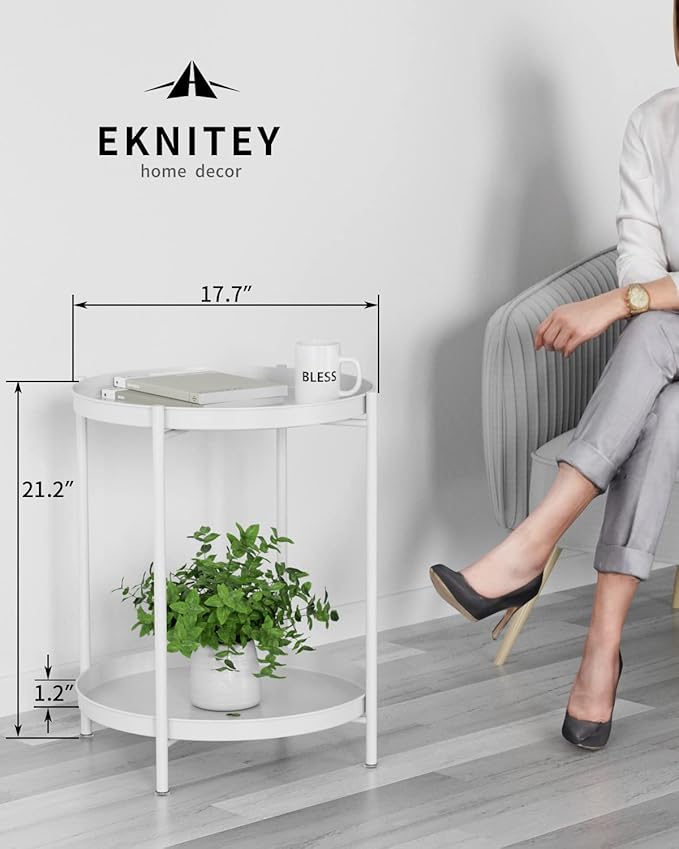 EKNITEY 2 Tier End Table - Metal Side Table Waterproof Small Sofa Coffee Side Tables Bedroom Indoor Outdoor with Removable Tray for Living Room Bedroom Balcony and Office (White)-NeatNest