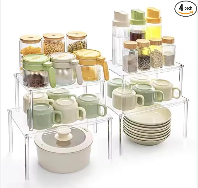 Acrylic Cabinet Organizer Set of 4 Spice Rack Desk Countertop Shelf Pantry Kitchen Storage and Organization Stackable Shelves