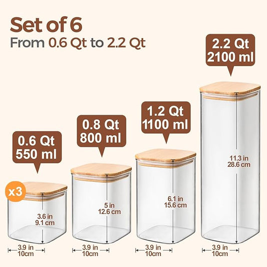 ComSaf Food Storage Containers with Airtight Lids Set of 6, Clear Glass Canister Food Jar with Sealing Lid Kitchen Pantry Storage Container for Spaghetti Pasta Sugar Flour Oat Cereal Beans, Square-NeatNest
