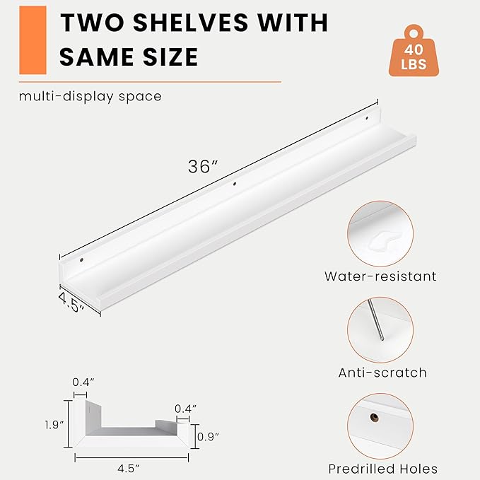 Heimlove Picture Ledge Shelf, Floating Shelves Set of 2, 36 Inches Picture Shelf for Wall with Ledge, Kids Bookshelf Wall Mounted for Living Room Bedroom Decor Books Photo Frames - White-NeatNest