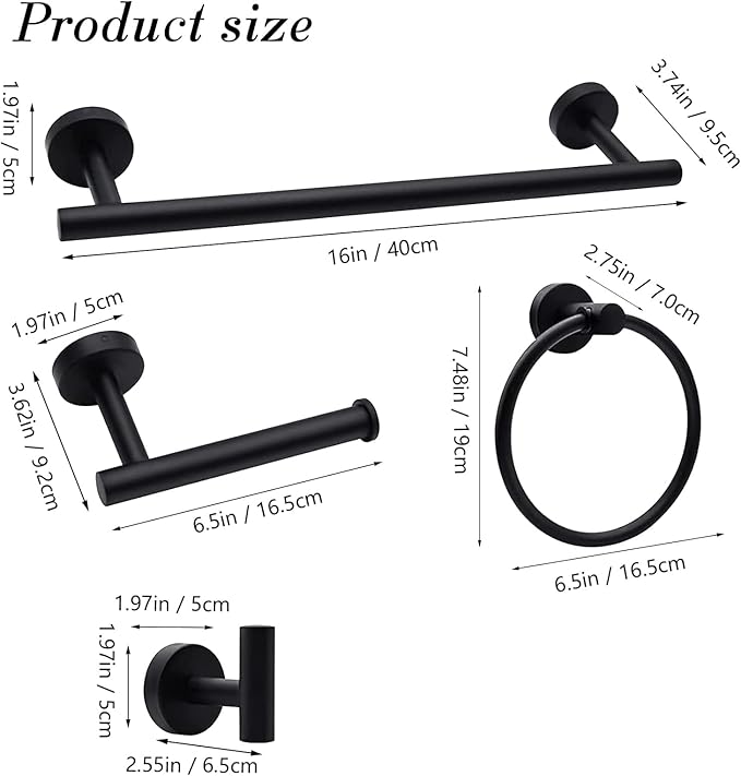 Bathroom Hardware Towel Bar Set - Matte Black Bathroom Accessories Set - Including 16" Hand Towel Bars - Toilet Paper Holders - Towel Rings - Robe Towel Hooks