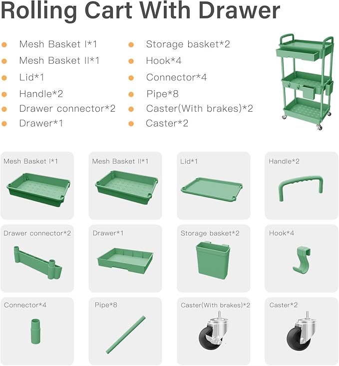 3 Tier Rolling Cart Organizer,Laundry Room Bathroom Organizers and Storage Office Shelves Mobile Shelving Unit Kitchen Trolley Cart with Wheels for Art,Craft,Diaper,Bedside,Snack(Green)-NeatNest