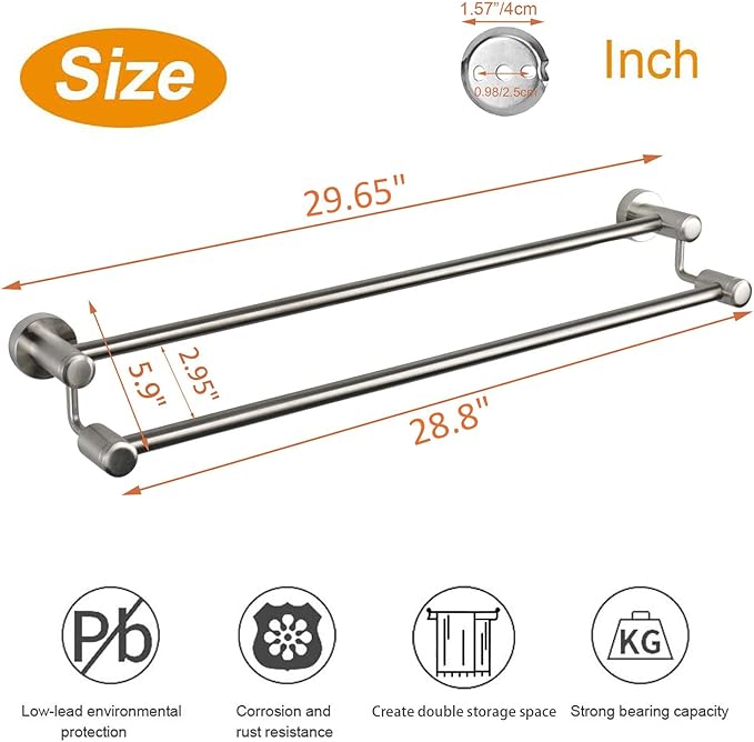 TocTen Double Bath Towel Bar - Thicken SUS304 Stainless Steel Towel Rack for Bathroom, Bathroom Accessories Double Towel Rod Heavy Duty Wall Mounted Towel Holder (Brushed, 30IN)