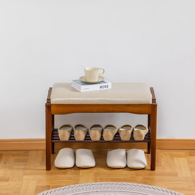 Shoe Bench, Entryway Bench, Wood 2-Tier Shoe Rack with Cushion Padded Seat Shoe Organizer (23.62",Beige)