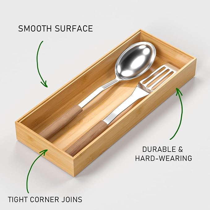 Bamboo Drawer Organizer, Stackable Utensil Organizer for Kitchen, Bamboo Storage Box Wood Silverware Tray for Drawer 15" x 6" x 2" Set of 2-NeatNest