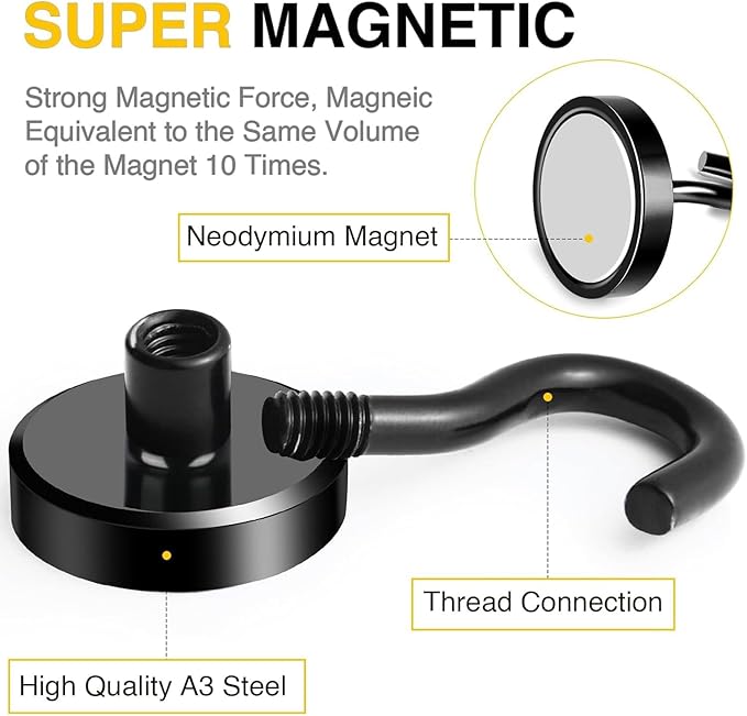 DIYMAG Black Magnetic Hooks, 50 LB Heavy Duty Strong Magnets with Hooks, Strong Rare Earth Neodymium Magnet Magnetic Hooks for Cruise Cabins Cruise Ship Essentials 8 Packs-NeatNest