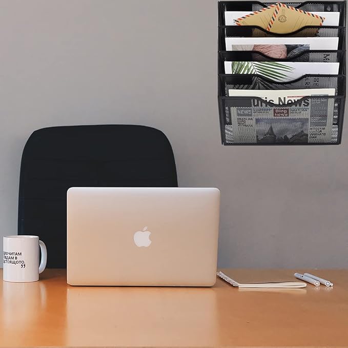 COSYAWN Wall File Holder 5 Pocket Mesh Hanging Wall Organizer Vertical Hanging File Folder Holder Magazine Rack with Nametag Label for Mail Paper Organization,Black-NeatNest