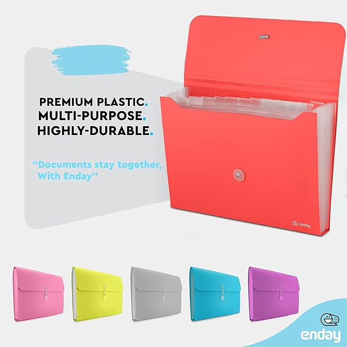 Accordian File Organizer, 13 Pocket Expanding File & Cover Folder with Labels, Plastic Portable Desktop Supplies Letter A4 Paper in Red and Grey (2 Pack) – by Enday