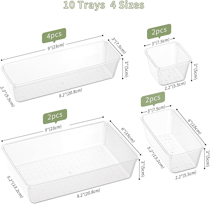 10 PCS Clear Drawer Organizer Set, 4 Sizes Plastic Makeup Organizer Trays with Non-Slip Silicone Pads, Desk Organization and Storage Bins for Vanity, Bathroom, Office, Kitchen, Fridge, School-NeatNest