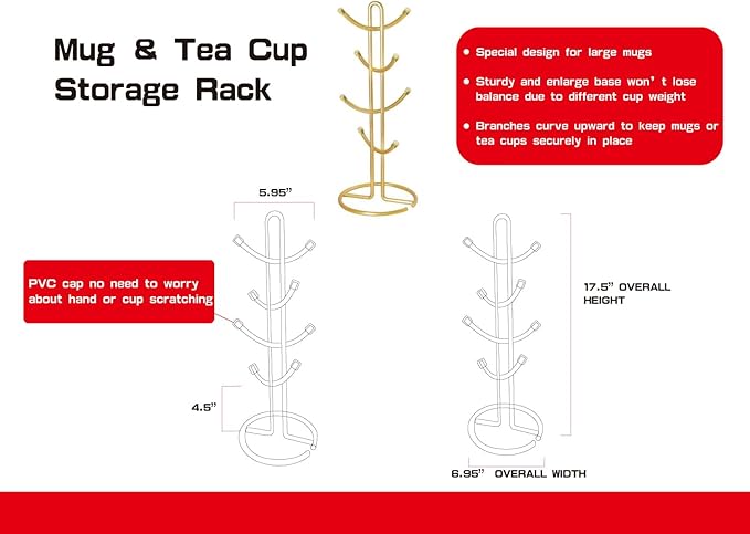 FitWell Coffee Mugs Holder, Mug Tree, Mug Organizer for Cabinet, Mugs Stand Rack, Coffee & Tea Cup Storage Rack (Gold, 8 Mugs Holder (17.5" H))-NeatNest