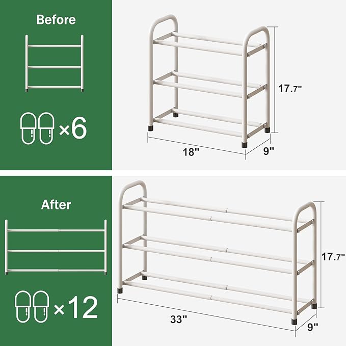 White Shoe Rack for Closet, 3-Tier Expandable Shoe Organizer for Closet, Metal Adjustable Black Shoe Shelf Storage Organizer, Free Standing Shoe Rack for Entryway Doorway-NeatNest