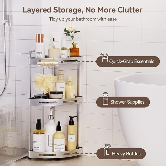 Corner Shower Caddy Standing, 3 Tier Shower Organizer Stand with Soap Holder, Rustproof Shower Shelves for Bathroom Storage, Silver