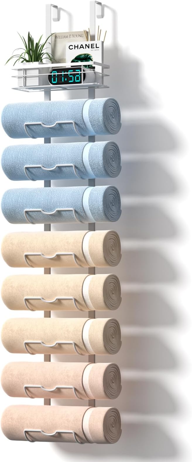 9-Tier Over The Door Towel Rack,Towel Racks for Bathroom, Metal Towel Holder with Storage Basket,Towel Rack for Rolled Towels,Bathroom Shelves,White