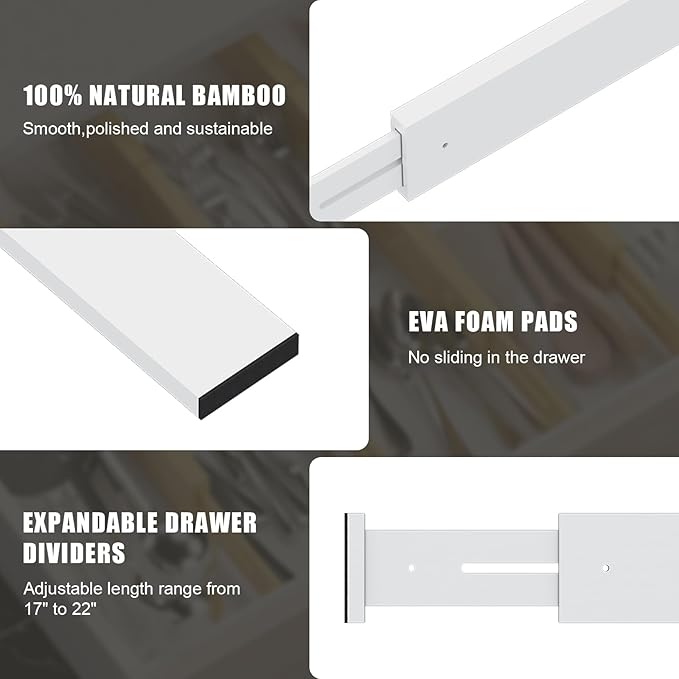 Bamboo Drawer Dividers,17-22" Adjustable Kitchen Drawer Organizer for Clothes,4 Pack Expandable Drawer Organization Separators for Bedroom,Bathroom,Dresser and Office,White-NeatNest