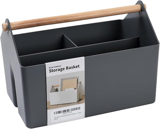 BLUE GINKGO Medium Storage Basket – Plastic Caddy with Wooden Handle for Office, Arts & Crafts, or Home Supplies (Gray)-NeatNest