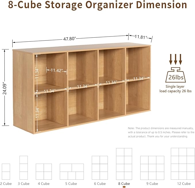 Wooden 8-Cube Storage Organizer with Closed Back Panel, 11in Cube Shelf Opening, Bookshelf, Display Shelf,Closet Cabinet for Home and Office,Natural Oak