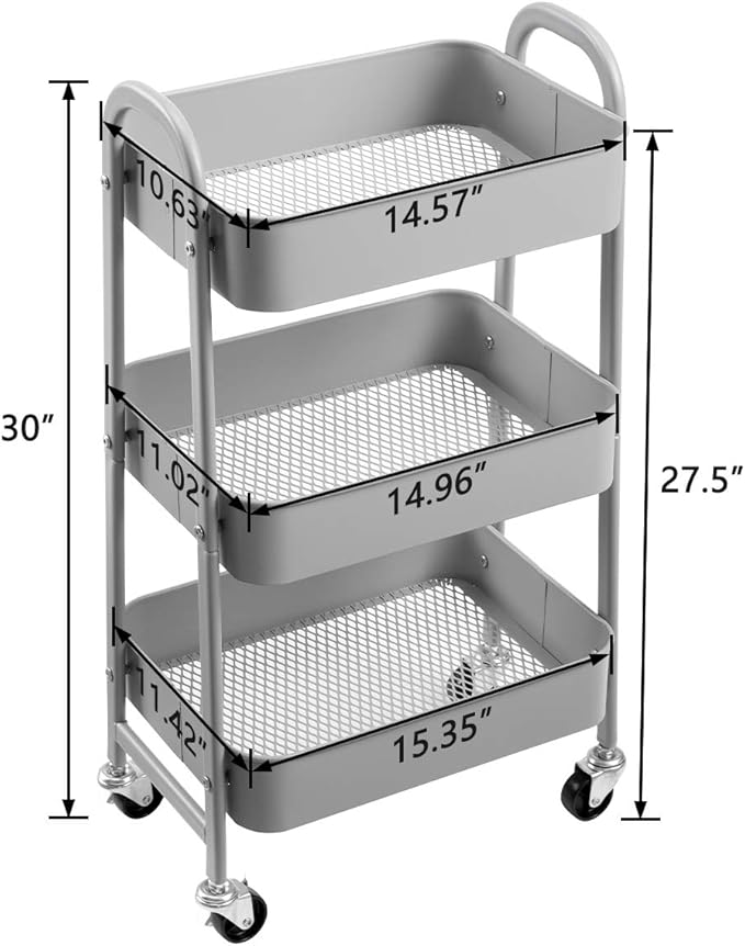AGTEK Makeup Cart, Movable Rolling Organizer Cart, 3 Tier Metal Utility Cart, Grey-NeatNest