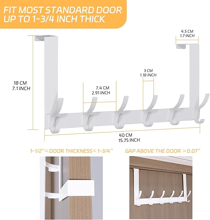 2 Pack Over The Door Hook,Door Hanger for Hanging,Over Door Hanger Holder for Coat Robe Hat Clothe Towels,Towel Racks for Bathroom with 12 Coat Hooks (White, 2 Pack-6 Hooks)