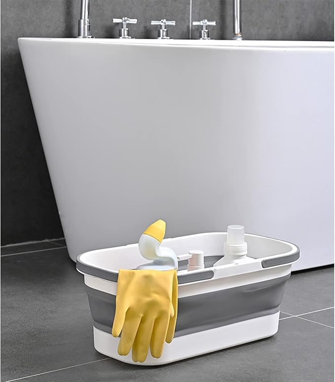Collapsible Bucket with Wheels 14L (3.7 Gallon) - Versatile and Durable for House Cleaning, Camping, and RV - Convenient Rectangular Mop Cleaning Basket - Lightweight & Compact (14L-Grey)-NeatNest
