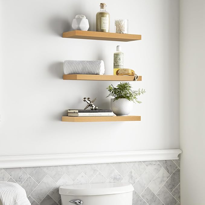 BAYKA Floating Shelves for Wall, Wall Mounted Rustic Wood Shelves for Bathroom, Bedroom, Living Room, Kitchen,Small Hanging Shelf for Books/Storage/Room Decor (Oak-Toned, Set of 3, 15.7in)-NeatNest