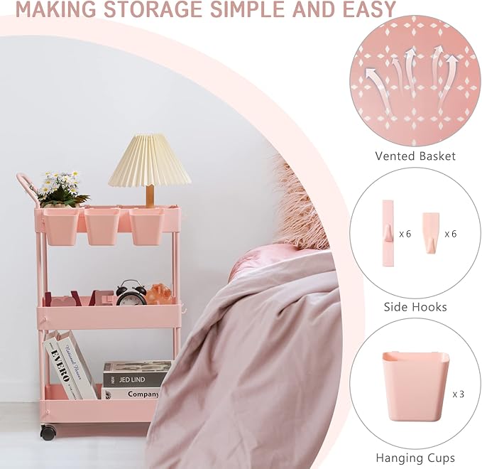 danpinera Slim Storage Cart, 3 Tier Narrow Rolling Cart on Wheels Bathroom Organizer with Dividers Handle Hanging Cups Hooks for Laundry Room Kitchen Small Spaces, Pink