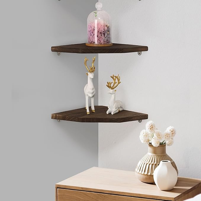 Joiishom Wood Corner Wall Shelves Set of 2, Solid Wood Corner Floating Shelves for Wall, Round End Wall Mounted Floating Corner Shelf for Bedroom, Living Room and Kitchen. (Brown-10 inch)