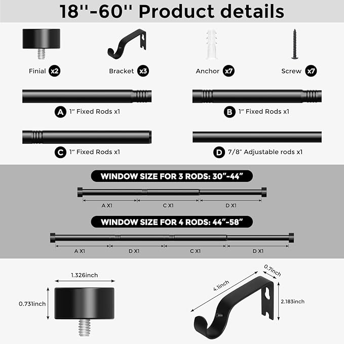 Curtain Rods for Windows 28 to 48 Inch(1.5-5 Feet),Black 1'' Diameter Drapery Rods with End Cap Style Design,Modern Adjustable Heavy Duty Curtain Rod,Size:30''-60''-NeatNest