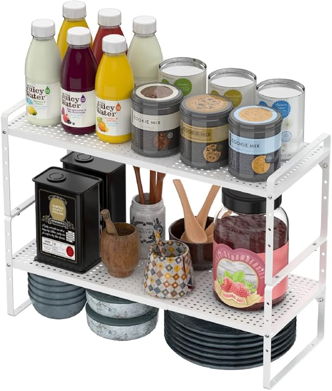 Expandable Cabinet Shelf Organizer, Stackable Pantry Cabinet Counter Under Sink Shelves Inside Cabinet Storage for Kitchen Bathroom Office, 2 Packs, White-NeatNest