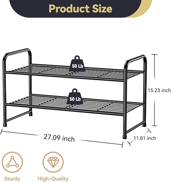 2-Tier 27” Wide Shoe Rack for Closet, Metal Stackable Shoe Shelf Organizer, Black-NeatNest