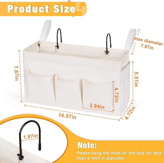 Bedside Caddy Bedside Organizer Bedside Storage Caddy with Fixed Straps and Water Bottle Holder for Home College Dorm Bunk Bed Hospital Bed Crib Bed Rails (White)-NeatNest