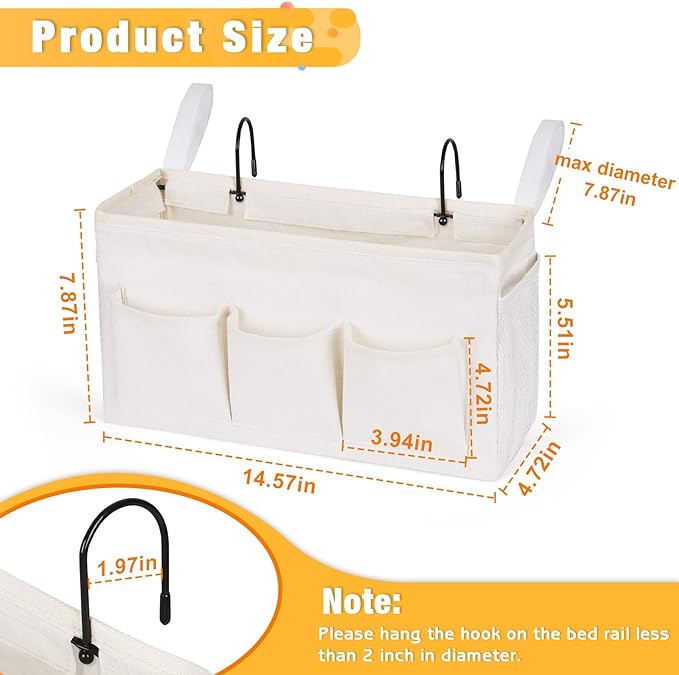 Bedside Caddy Organizer with Fixed Straps and Water Bottle Holder for Home, College Dorm, Hospital, Crib and Bunk Bed (2pcs White)-NeatNest