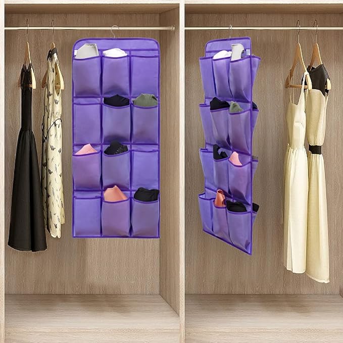 Dual Sided Hanging Shoe Organizer for Closet with 24 Large Pockets Hanging Shoe Rack Holder with Rotating Hanger (PURPLE)-NeatNest