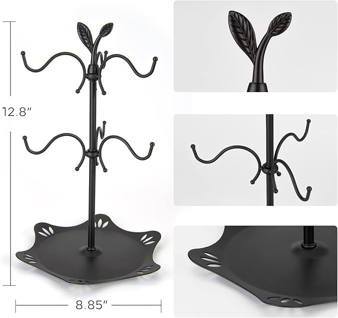 Coffee Mug Holder for Large Mugs, Mug Tree for Counter, Cup Holder for Countertop, Mug Rack with Tray, Metal Mug Tree with 6 Hooks, Coffee Counter Bar Accessory & Kitchen Home Organizer-NeatNest